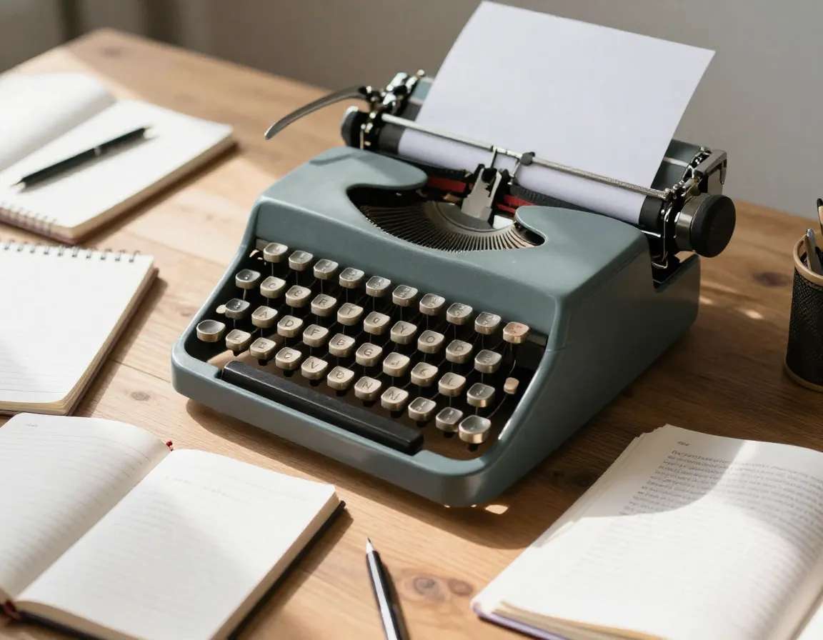Creative Writing Workspace With Vintage Typewriter And Notebooks